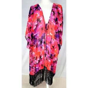 Catalina Floral Chiffon Swim Cover Up XL Pink Fringe Kimono Beach Open Front